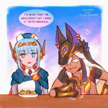 +++ 1boy 1girl afterimage ancient_egyptian_clothes android animal_hat artist_name banging blue_eyes blue_hair cape cyno_(genshin_impact) dark-skinned_male dark_skin english_text food fruit genshin_impact grey_hair hair_over_one_eye hat highres ineffa_(genshin_impact) laughing leaning_to_the_side long_hair looking_at_viewer looking_back looking_up motion_blur plate pun robot_ears robot_girl smile tearing_up upper_body usekh_collar valerieks