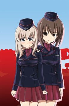Rule 34 | 2girls, black hat, black jacket, blue background, blue eyes, blush, brown eyes, brown hair, clenched hands, closed mouth, cross, eyes visible through hair, garrison cap, girls und panzer, grey hair, hair between eyes, hand on another's shoulder, hat, highres, iron cross, itsumi erika, jacket, kuromorimine military uniform, long hair, looking at viewer, military, military hat, military jacket, military uniform, military vehicle, miniskirt, motor vehicle, multiple girls, nishizumi maho, pleated skirt, red shirt, red skirt, saitaniya ryouichi, shirt, short hair, simple background, skirt, smile, tank