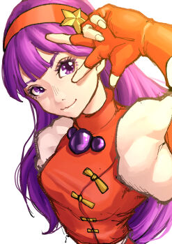 1girl absurdres asamiya_athena dress gloves hairband highres long_hair looking_at_viewer pale_skin purple_eyes purple_hair smile smiley_face star_(symbol) the_king_of_fighters zerosentakuki