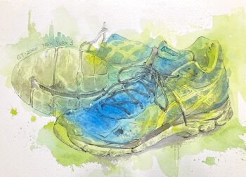 Rule 34 | clothes focus, commentary request, english text, new york city, no humans, original, painting (medium), shoelaces, shoes, skyline, sneakers, still life, tj (tenjiku200), traditional media, unworn shoes, watercolor (medium)