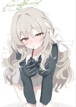 1girl amai2d blue_archive bow bowtie braid brown_hair choppy_bangs diagonal-striped_bow diagonal-striped_bowtie diagonal-striped_clothes flower_halo green_bow green_bowtie green_halo grey_skirt hair_ribbon halo hazel_eyes highres miyo_(blue_archive) pocky_day ribbon ribbon_braid simple_background skirt solo striped_bow striped_bowtie striped_clothes white_background white_bow