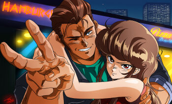 1980s_(style) 1990s_(style) 1boy 1girl arm_hug bare_shoulders blue_eyes brown_hair bubblegum_crisis hellstinger6 highres jacket leon_mcnichol oldschool one_eye_closed peace_symbol priscilla_asagiri red_eyes retro_artstyle wink