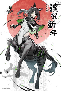 1girl 2026 absurdres animal_ears black_cloak black_gloves black_hair breasts centaur chinese_zodiac cloak closed_mouth commentary_request copyright_notice covered_navel elbow_gloves fingerless_gloves full_body gloves green_eyes highres hooves horse_ears horse_tail leotard long_hair looking_at_viewer monster_girl monsterification multiple_legs original parted_bangs ponytail pouch rearing rhenium saddle sidelocks small_breasts solo standing tail taur thigh_strap translation_request virus white_leotard year_of_the_horse