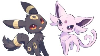 animal_focus black_fur colored_sclera commentary_request espeon fang forehead_jewel forked_tail full_body gem gen_2_pokemon looking_at_viewer nintendo no_humans open_mouth pink_fur pokemon pokemon_(creature) pokemon_focus purple_eyes purple_fur purple_sclera red_gemstone red_sclera simple_background smile tail umbreon white_background yutopia_(neveyk)