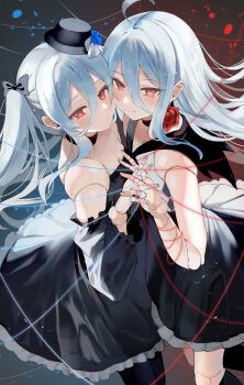 2girls ahoge black_bow black_choker black_dress black_hat bow choker commentary_request detached_sleeves doll_joints dress flower frilled_dress frills grey_hair hair_bow hat highres holding_hands icchiko_ynd interlocked_fingers joints long_hair looking_at_viewer mini_hat multiple_girls neck_flower orchis red_eyes red_flower shadowverse shadowverse:_worlds_beyond sleeveless sleeveless_dress string top_hat twintails zwei_(shingeki_no_bahamut)