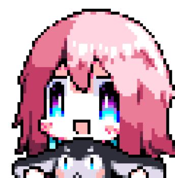 1girl 1other animated animated_gif blue_eyes chibi downvote_(downvote_me) grabbing_another&#039;s_ear hair_between_eyes hand_on_another&#039;s_ear honkai:_star_rail honkai_(series) march_7th_(honkai:_star_rail) medium_hair multicolored_eyes open_mouth pink_eyes pink_hair pixel_art pom-pom_(honkai:_star_rail) simple_background smile two-tone_eyes white_background