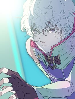 1boy bags_under_eyes bare_shoulders commentary_request detached_sleeves fingerless_gloves gloves gnosia grey_eyes grey_hair hair_between_eyes hood hoodie long_sleeves looking_at_viewer male_focus purple_eyes remnan_(gnosia) short_hair simple_background solo stereodives white_background