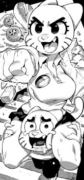 badge bread carrot drink_carton fang food furry gumball_watterson hands_on_thighs highres ireading milk_carton nicole_watterson open_mouth the_amazing_world_of_gumball tomato