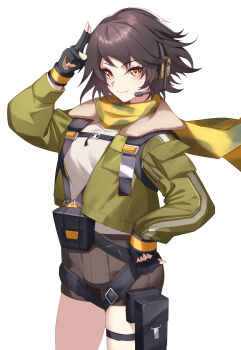 1girl absurdres black_gloves black_hair brown_shorts commentary_request commission earhart_(neural_cloud) fingerless_gloves girls'_frontline girls'_frontline_neural_cloud gloves green_jacket headset highres jacket kurosaki_saya long_sleeves looking_at_viewer military orange_eyes pixiv_commission scarf shirt shorts simple_background solo standing thighs white_background white_shirt yellow_scarf