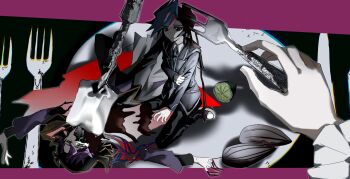 2boys ai_(yu-gi-oh!) alternate_form android arm_out_of_frame black_background black_cape black_hair black_pants black_sailor_collar black_shoes blazer bleeding blood blood_on_clothes blood_on_ground blood_splatter blue_necktie border cable cape circuit_board coat colored_bangs death dismemberment dress_shirt empty_eyes exposed_internal_machinery facing_another food fork fruit fujiki_yusaku grey_eyes hand_on_ground hand_on_own_arm highres holding holding_fork humanoid_robot impaled jacket kitchen_knife kneeling knife lime_(fruit) looking_at_another loose_necktie male_focus missing_limb multiple_boys murder necktie on_ground on_plate open_clothes open_coat ornate_border outstretched_arms pants partially_shaded_face plate pool_of_blood pov purple_border purple_shirt robot sailor_collar scared school_uniform screen0624 seed severed_arm severed_limb shirt shoes size_difference spiked_hair sunflower_seed wire yu-gi-oh! yu-gi-oh!_vrains