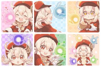 1girl :d :t ^_^ ahoge aoyagi_(ao0701yagi) argyle_background argyle_clothes backpack bag blonde_hair blue_background blush brown_bag brown_gloves newsboy_cap cecilia_flower_(genshin_impact) checkered_background closed_eyes clover_print coat commentary_request dodoco_(genshin_impact) eating electricity eyelashes flower flower_symbol food genshin_impact gloves green_background hair_between_eyes hands_up hat hat_feather hat_ornament heart highres holding holding_flower holding_food klee_(genshin_impact) long_sleeves low_twintails medium_hair mora_meat_(genshin_impact) multiple_views open_mouth orange_background pink_background polka_dot polka_dot_background pom_pom_(clothes) profile purple_background red_coat red_headwear seelie_(genshin_impact) short_twintails sidelocks simple_background smile sparkle static teeth twintails upper_body upper_teeth_only white_flower