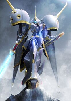 Rule 34 | absurdres, artist name, energy sword, blue eyes, dual wielding, glowing, glowing eye, gundam, gundam zz, highres, holding, holding sword, holding weapon, mecha, mecha focus, mobile suit, no humans, one-eyed, r-jarja, robot, science fiction, snow, solo, standing, sword, taka-f, weapon