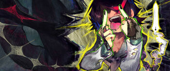 Rule 34 | 1girl, black nails, commentary, crosshatching, double middle finger, from above, hatching (texture), highres, linween, middle finger, original, solo, symbol-only commentary, teeth, tongue, tongue out