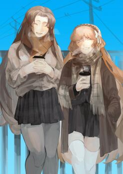 Rule 34 | 2girls, black shirt, black skirt, blue background, breasts, brown hair, brown jacket, closed eyes, coffee, cup, disposable coffee cup, disposable cup, hairband, highres, ishmael (project moon), jacket, laughing, limbus company, long hair, multiple girls, open mouth, orange hair, power lines, project moon, railing, rodion (project moon), roice ovo, scarf, shirt, simple background, skirt, socks, steam, tall female, teeth, thighs, tongue, utility pole, very long hair, winter