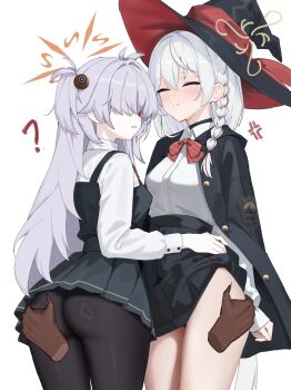 2girls ? anger_vein ass black_choker black_jacket black_panties black_pantyhose black_skirt blue_archive blush braid breasts choker closed_eyes closed_mouth commentary_request dress eri_(blue_archive) fuujin_(windust_michio) grabbing_another's_ass grey_hair groping hair_over_one_eye halo hat highres jacket kanoe_(blue_archive) large_breasts long_hair long_sleeves looking_at_another looking_at_viewer multiple_girls open_clothes open_jacket panties pantyhose pantyshot pinafore_dress pov pov_hands red_eyes school_uniform shirt simple_background skirt sleeveless sleeveless_dress underwear variant_set white_background white_hair white_shirt witch_hat