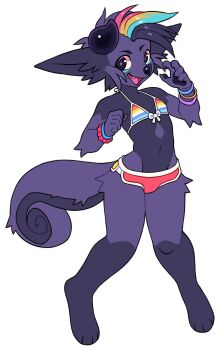 1girl androgynous animal_ear_fluff animal_ears animal_feet animal_hands bikini bikini_top_only black_eyes bracelet claws commentary curled_tail digitigrade english_commentary fang flat_chest furry furry_female grey_fur highres horns jewelry looking_at_viewer melt_(seelmaru) multicolored_hair navel open_mouth original pear-shaped_figure petite red_shorts seel_(seelmaru) short_hair shorts simple_background smile solo standing streaked_hair striped_bikini striped_clothes swimsuit tail white_background wide_hips