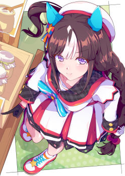 1girl animal_ears asymmetrical_gloves beret black_gloves blush bow bowtie braid breasts brown_hair closed_mouth commentary_request ear_covers gloves hat highres hokko_tarumae_(star_light_ship)_(umamusume) hokko_tarumae_(umamusume) horse_ears horse_girl horse_tail jacket kan_lee long_braid long_hair looking_at_viewer looking_up medium_breasts mismatched_gloves multicolored_hair plaid_clothes plaid_sailor_collar purple_eyes sailor_collar shoes skirt smile socks solo striped_bow striped_hair tail twin_braids umamusume white_gloves white_hair white_hat white_jacket white_skirt white_socks