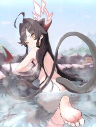 Rule 34 | 1girl, ass, black hair, black horns, black tail, blue archive, blush, breasts, closed mouth, completely nude, day, demon horns, demon tail, hair intakes, halo, highres, horns, kasumi (blue archive), long hair, looking at viewer, looking back, nude, onsen, oozumi 03, outdoors, partially submerged, red halo, simple background, small breasts, soles, solo, steam, tail, toes, water, yellow eyes