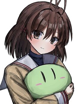 Rule 34 | 1girl, absurdres, antenna hair, brown eyes, brown hair, brown jacket, clannad, dango daikazoku, furukawa nagisa, hair ornament, hairclip, highres, hikarizaka private high school uniform, holding, holding stuffed toy, jacket, light blush, looking at viewer, mahigu re, medium hair, parallel hairclips, sailor collar, school uniform, simple background, smile, solo, stuffed animal, stuffed toy, white background, white sailor collar, | |