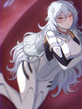 Rule 34 | 1girl, alternate hair length, alternate hairstyle, ayanami rei, bodysuit, breasts, double-parted bangs, female focus, hair between eyes, highres, hzujustin, interface headset (evangelion), large breasts, light blush, long hair, looking at viewer, mecha pilot suit, neon genesis evangelion, plugsuit (evangelion), red eyes, solo, white bodysuit