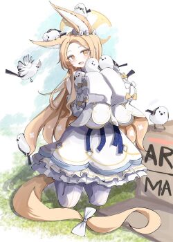 1girl animal_ear_fluff animal_ears bird bird_on_hand blonde_hair blue_archive blush bow box cardboard_box cross_halo detached_sleeves dress ear_wreath extra_ears floppy_ears flower fox_ears fox_girl fox_tail frilled_dress frills hair_flower hair_ornament halo hands_up highres kneeling layered_dress long_hair looking_at_viewer open_mouth outdoors pantyhose sailor_collar school_uniform seia_(blue_archive) shiranui_(siranuiw) sleeve_bow sleeves_past_fingers sleeves_past_wrists smile solo striped_clothes striped_pantyhose tail tail_bow tail_ornament thighs tit_(bird) vertical-striped_clothes vertical-striped_pantyhose very_long_hair very_long_tail white_background white_bow white_dress white_pantyhose white_sailor_collar white_sleeves yellow_bow yellow_eyes yellow_halo