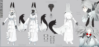 1girl animal_ears belt black_bodysuit black_nails bodysuit bodysuit_under_clothes coat colored_skin dyarikku dyarikku_(vtuber) ex-trident facial_mark fox_ears fox_girl grey_background grey_eyes grey_hair high_heels highres indie_virtual_youtuber long_sleeves official_art plague_doctor_mask reference_sheet skin_tight smile solo sunglasses tail twintails very_long_ears virtual_youtuber white_coat white_hair x_(symbol) x_facial_mark