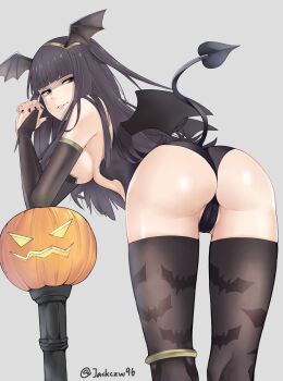 1girl animal_print ass bat_print bat_wings bent_over black_eyes black_gloves black_hair black_nails black_thighhighs blunt_bangs breasts bridal_gauntlets cameltoe demon_tail demon_wings elbow_gloves female_focus fire_emblem fire_emblem_awakening from_behind gloves halloween halloween_costume head_wings highres interlocked_fingers j@ck jack-o'-lantern jewelry long_hair looking_back matching_hair/eyes medium_breasts nail_polish nintendo own_hands_together parted_lips pumpkin sideboob smile solo tail tharja_(fire_emblem) thighhighs thighlet thong twitter_username wings