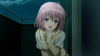 10s 1girl blush breasts drooling highres implied_masturbation medium_breasts momo_velia_deviluke open_mouth pink_hair purple_eyes saliva school_uniform screencap sexually_suggestive short_hair to_love-ru to_love-ru_darkness