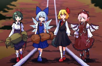 4girls :o animal_ears bird_ears bird_wings black_pants black_shoes black_skirt black_vest blue_bow blue_dress blue_shoes blush bow bright_pupils brown_dress brown_socks cirno closed_mouth dress fairy frills full_body gram_9 hair_ribbon hat highres ice ice_wings long_sleeves looking_at_viewer medium_hair multiple_girls mystia_lorelei open_mouth pants parted_lips railroad_tracks red_shoes ribbon rumia shirt shoes short_sleeves skirt smile socks team_9_(touhou) touhou vest wavy_mouth white_pupils white_shirt white_socks wings wriggle_nightbug