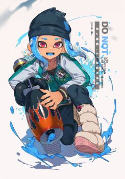 Rule 34 | 1girl, beanie, black hat, black leggings, blue hair, blue pupils, blue tongue, boots, colored tongue, commentary, fingernails, full body, green jacket, hat, highres, holding, holding weapon, jacket, jinkoika, leggings, letterman jacket, long sleeves, medium hair, nintendo, octoling, octoling girl, octoling player character, on one knee, open mouth, parted bangs, pink eyes, range blaster (splatoon), sharp fingernails, solo, splatoon (series), sweat, symbol-only commentary, tentacle hair, weapon, yellow boots
