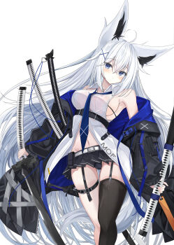 1girl absurdres animal_ear_fluff animal_ears asymmetrical_legwear belt black_panties black_skirt black_thighhighs blush breasts commentary_request dao dual_wielding fox_ears fox_girl fox_tail garter_straps grey_hair hair_between_eyes highres holding holding_sword holding_weapon jacket kakeloser katana knife long_hair looking_at_viewer microskirt navel necktie original panties pleated_skirt shirt simple_background single_thighhigh skirt solo sword tail thigh_strap thighhighs underwear weapon white_background white_hair white_shirt