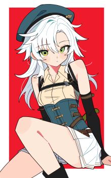 1girl absurdres aqua_hat black_boots black_sleeves blush boots border breasts commentary_request commission detached_sleeves dress_shirt eiyuu_densetsu fie_claussell green_eyes hair_between_eyes hat highres kuro_no_kiseki_(series) kuro_no_kiseki_i long_hair miniskirt outside_border pixiv_commission pleated_skirt red_background rotoi_1234 sen_no_kiseki_(series) sen_no_kiseki_i shirt sitting skirt sleeveless sleeveless_shirt small_breasts solo underbust white_border white_hair white_shirt white_skirt