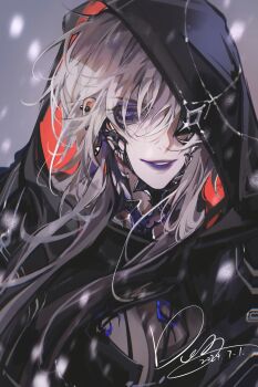 1girl black_coat blonde_hair breasts cleavage coat dated doo58455 earrings eyeshadow gradient_hair grey_background hair_over_eyes highres hood hood_up hooded_coat jewelry long_hair looking_at_viewer makeup material_growth multicolored_hair one_eye_covered path_to_nowhere purple_eyes purple_eyeshadow purple_lips signature snowing solo stud_earrings two-sided_hood upper_body zoya_(path_to_nowhere)