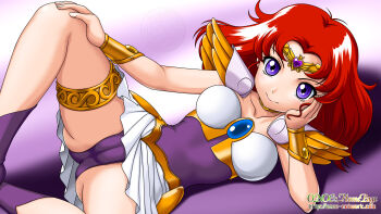 1990s_(style) 1girl ai_tenshi_densetsu_wedding_peach angel_salvia artist_name bad_id bad_pixiv_id collarbone female_focus head_rest highres jewelry leotard looking_at_viewer magical_girl miniskirt onoe panties purple_background purple_eyes purple_leotard purple_panties purple_shoes red_hair retro_artstyle scarlet_ohara shoes short_hair shoulder_pads skirt solo thighlet tiara underwear upskirt watermark web_address white_skirt wrist_cuffs