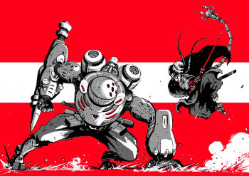 Rule 34 | 1girl, baggy pants, black hair, cape, clenched hand, commentary request, dust cloud, fighting, full body, heisy ss, holding, holding sword, holding weapon, jumping, long hair, looking at another, mechanical tail, original, pants, pile bunker, pouch, red background, red eyes, red lips, robot, scabbard, sheath, sliding, striped background, sword, tail, weapon