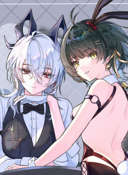 2girls alternate_costume animal_ears antenna_hair back bare_shoulders black_bow black_bowtie black_hair black_horns black_vest bow bowtie breasts butler closed_mouth crossdressing crossdressing_(ftm) curled_horns earrings fake_animal_ears fake_tail female_butler female_rover_(wuthering_waves) gloves hair_between_eyes hair_bow hair_ornament hair_ribbon hairclip hand_up highres horns jewelry key_earrings large_breasts leaning_on_table long_hair looking_at_viewer looking_back median_furrow medium_breasts mole mole_under_eye multicolored_hair multiple_girls mutii o-ring_strap parallel_hairclips parted_lips rabbit_ears rabbit_tail red_bow red_eyes ribbon rover_(wuthering_waves) shirt shoulder_blades smile streaked_hair tail triangle_earrings vest white_gloves white_hair white_shirt white_wrist_cuffs wrist_cuffs wuthering_waves yellow_eyes yellow_ribbon zani_(wuthering_waves)