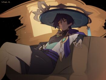 1boy aksakajay aqua_gemstone aqua_kimono artist_name belt black_background black_belt black_bodysuit black_bow black_shorts blue_hat blunt_ends bodysuit bow brown_background cape closed_mouth couch crossed_legs doll_joints expressionless eyeliner eyeshadow feathers gem genshin_impact gold hakama hakama_shorts hashtag-only_commentary hat highres japanese_clothes jingasa joints juban kimono leaning_back looking_to_the_side makeup male_focus mole mole_under_eye on_couch open_clothes open_kimono pleated_shorts pom_pom_(clothes) purple_cape purple_eyes purple_hair purple_rope purple_sash red_eyeliner red_eyes red_eyeshadow rope sash scaramouche_(genshin_impact) shorts sitting solo tsurime turtleneck turtleneck_bodysuit wanderer_(genshin_impact) white_kimono wispy_bangs yellow_feathers