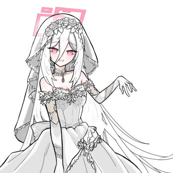 Rule 34 | 1girl, alternate costume, blue archive, bow, bridal veil, collar, dress, flower, frilled collar, frills, gem, hair between eyes, hair flower, hair ornament, halo, highres, jewelry, kei (blue archive), kei (new body) (blue archive), korean commentary, pink eyes, pink gem, pink halo, rectangular halo, ring, sleeveless, sleeveless dress, solo, teeth, translated, user pgxh5373, veil, wedding dress, wedding ring, white bow, white flower, white hair, white veil