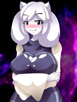1girl animal_ears blush breast_hold breasts colored_skin fang furry goat heart large_breasts looking_at_viewer mairusu-paua mature_female smile toriel undertale utdr_(toby_fox) white_skin