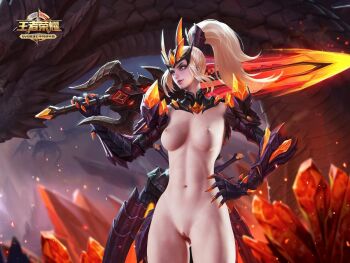 1girl 3d armor blonde_hair breasts devil female_focus hand_on_own_hip holding holding_sword holding_weapon huge_weapon nipples over_shoulder pink_eyes ponytail pussy solo standing sword sword_over_shoulder tagme uncensored wangzhe_rongyao weapon weapon_over_shoulder