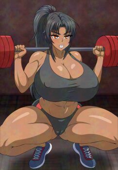 1girl action_taimanin bare_arms bare_legs bare_shoulders black_hair breasts cameltoe curvy dark-skinned_female dark_skin exercising high_ponytail highres huge_breasts indoors long_hair looking_ahead mirabell_bell navel orange_eyes ponytail shiny_skin shoes sneakers sports_bikini squatting taimanin_(series) taimanin_rpgx thong weight weightlifting wide_hips yeezusdraw