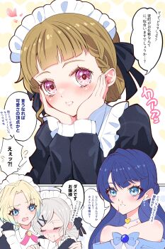 3girls apron aroused_nosebleed black_dress blonde_hair blood blood_from_mouth blue_dress blue_eyes blue_hair blush border braid brown_hair ceras_yanagida_lilienfeld cho_toutoi_love commentary_request dress flying_sweatdrops frilled_apron frills gradient_hair grey_hair hair_bun hair_ornament half_up_braid hands_on_own_cheeks hands_on_own_face highres kachimachi_kosuzu kentotto link!_like!_love_live! long_sleeves love_live! maid maid_apron maid_headdress mole mole_on_neck multicolored_hair multiple_girls murano_sayaka nose_blush nosebleed off-shoulder_dress off_shoulder osawa_rurino pink_eyes revision ruri&amp;to_(love_live!) single_hair_bun so_moe_i'm_gonna_die! speech_bubble translation_request virtual_youtuber white_apron x_hair_ornament yuri