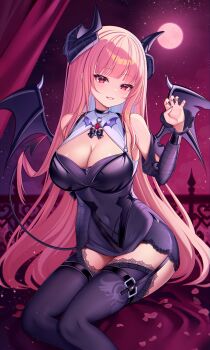 1girl absurdres black_dress black_sleeves black_thighhighs blunt_bangs breasts claw_pose cleavage commentary covered_navel demcheg demon_girl demon_horns demon_tail demon_wings detached_sleeves dress full_moon garter_straps grin halter_dress halterneck hand_up highres hololive hololive_english horns lace lace-trimmed_dress lace-trimmed_thighhighs lace_trim large_breasts long_hair looking_at_viewer moon mori_calliope night pink_eyes pink_hair short_dress sidelocks sitting smile solo straight_hair tail thighhighs very_long_hair virtual_youtuber wings
