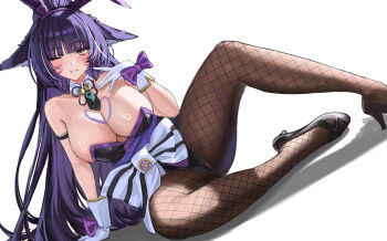 1girl absurdres animal_ears arm_strap azur_lane bare_shoulders black_shoes blush breasts brown_pantyhose detached_collar fake_animal_ears fishnet_pantyhose fishnets fox_ears fox_girl gloves hand_up high_heels highres large_breasts long_hair looking_at_viewer musashi_(azur_lane) musashi_(the_purple_rabbit&#039;s_marksmanship)_(azur_lane) official_alternate_costume one_eye_closed pantyhose playboy_bunny ponytail purple_hair rabbit_ears shoes simple_background sitting smile solo white_background white_gloves yellow_eyes yuhui_ranjin