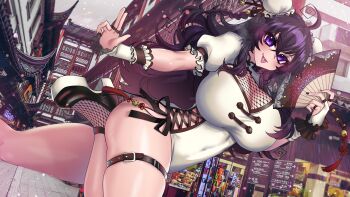 Rule 34 | 1girl, absurdres, ahoge, architecture, china dress, chinese clothes, covered navel, crawling dreams, double bun, dress, east asian architecture, fishnets, gloves, hair bun, hand fan, highres, leg up, long hair, naughty face, navel, nyarla (osiimi), osiimi, paid reward available, purple eyes, purple hair, solo, steam, steaming body, tongue, tongue out, white gloves