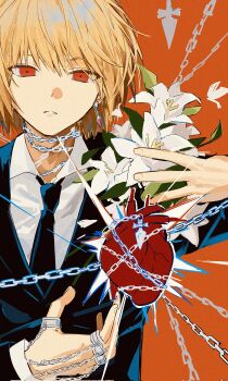 1boy black_jacket black_necktie blonde_hair closed_mouth collared_shirt commentary_request earrings hand_chains heart_(organ) highres hunter_x_hunter jacket jewelry kurapika male_focus necktie orange_background parted_lips red_eyes sevenlistening shirt short_hair simple_background solo suit_jacket teeth upper_body white_shirt