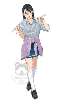 1girl absurdres alternate_costume black_hair black_shoes blue_skirt cardigan cardigan_around_waist clothes_around_waist collared_shirt full_body glasses green_eyes grey_cardigan grey_shirt gyaru_v highres kantai_collection loafers long_hair ojipon ooyodo_(kancolle) pleated_skirt shirt shoes skirt socks solo v white_socks