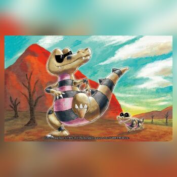 bare_tree blue_sky closed_mouth cloud commentary company_name copyright_name copyright_notice day english_commentary evolutionary_line fangs full_body gen_5_pokemon kobayashi_pani krokorok nintendo no_humans nostrils official_art open_mouth outdoors pokemon pokemon_(creature) pokemon_focus pokemon_tcg sandile sky smile standing standing_on_one_leg third-party_source tree