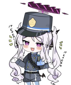 1girl :3 absurdres armband black_hat black_horns black_jacket black_shorts blue_archive blue_armband blush commentary_request cosplay cropped_jacket deformed e_v_e_neko fang gloves grey_hair halo hat highres hina_(blue_archive) horns jacket long_hair long_sleeves notice_lines nozomi_(blue_archive) nozomi_(blue_archive)_(cosplay) open_mouth pantyhose pantyhose_under_shorts peaked_cap purple_eyes purple_halo shirt short_shorts shorts simple_background skin_fang solo translation_request twintails very_long_hair white_background white_gloves white_pantyhose white_shirt wings