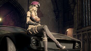 1girl 3d absurdres blonde_hair blue_eyes breasts cleavage coco_(code_vein) code_vein hat highres large_breasts midriff tagme